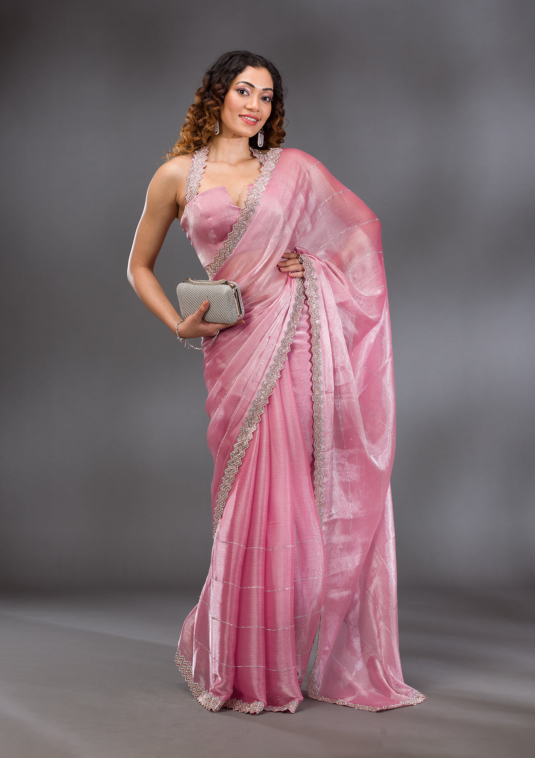 Onion Pink Organza Silver Stonework Saree With Matching Blouse Piece