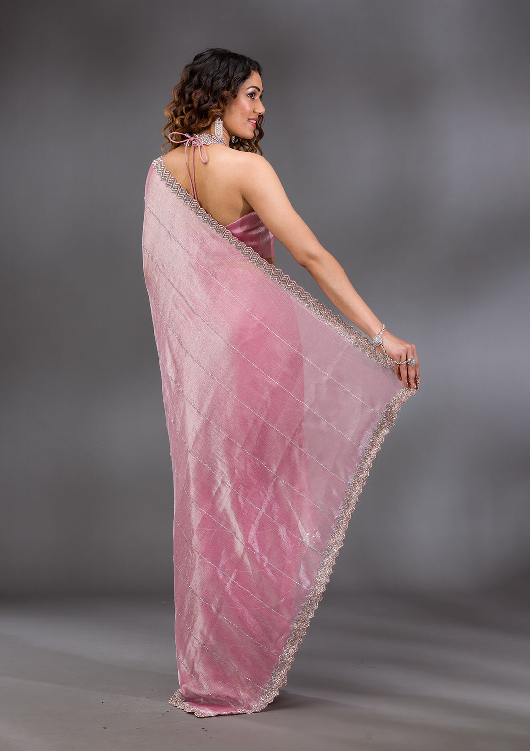 Onion Pink Organza Silver Stonework Saree With Matching Blouse Piece