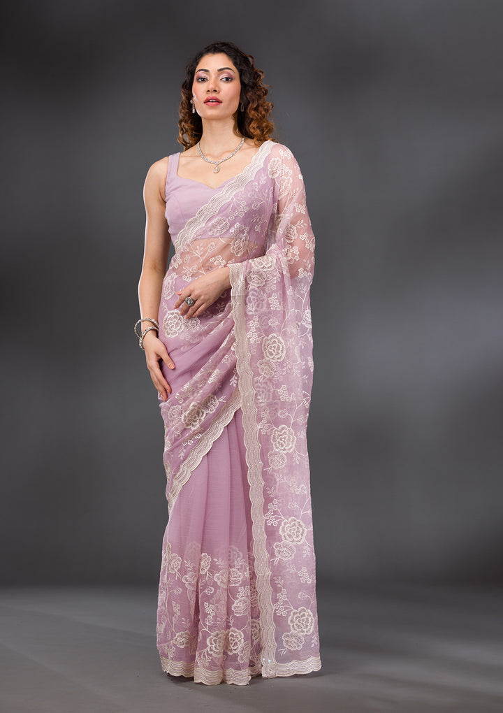 Onion Pink Chiffon Threadwork Saree With Matching Blouse Piece