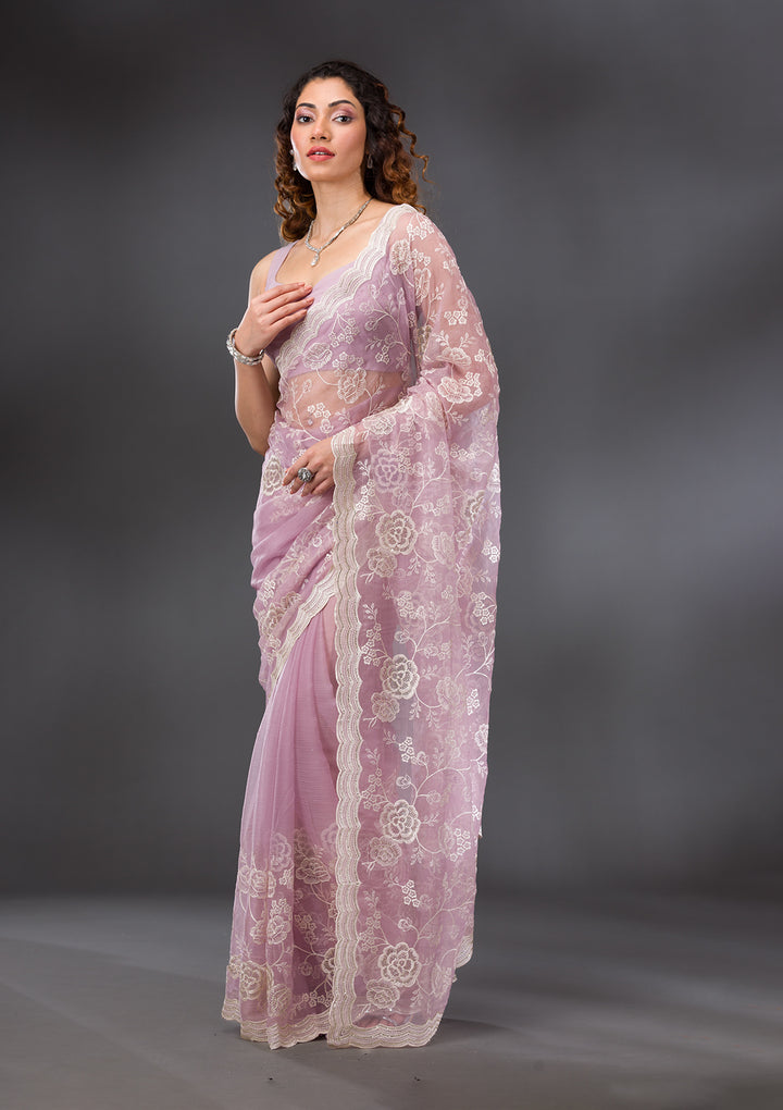 Onion Pink Chiffon Threadwork Saree With Matching Blouse Piece