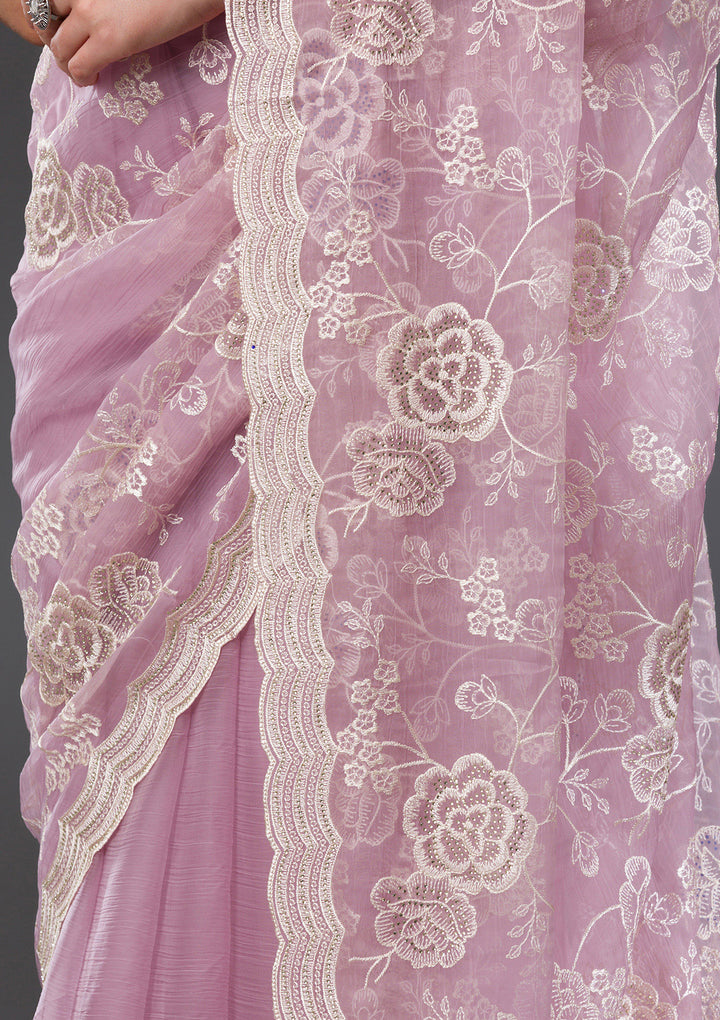 Onion Pink Chiffon Threadwork Saree With Matching Blouse Piece