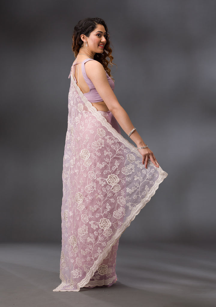 Onion Pink Chiffon Threadwork Saree With Matching Blouse Piece