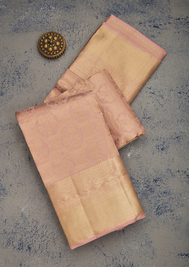 Onion Pink Silk Jaal Gold Zariwork Saree With Matching Blouse Piece