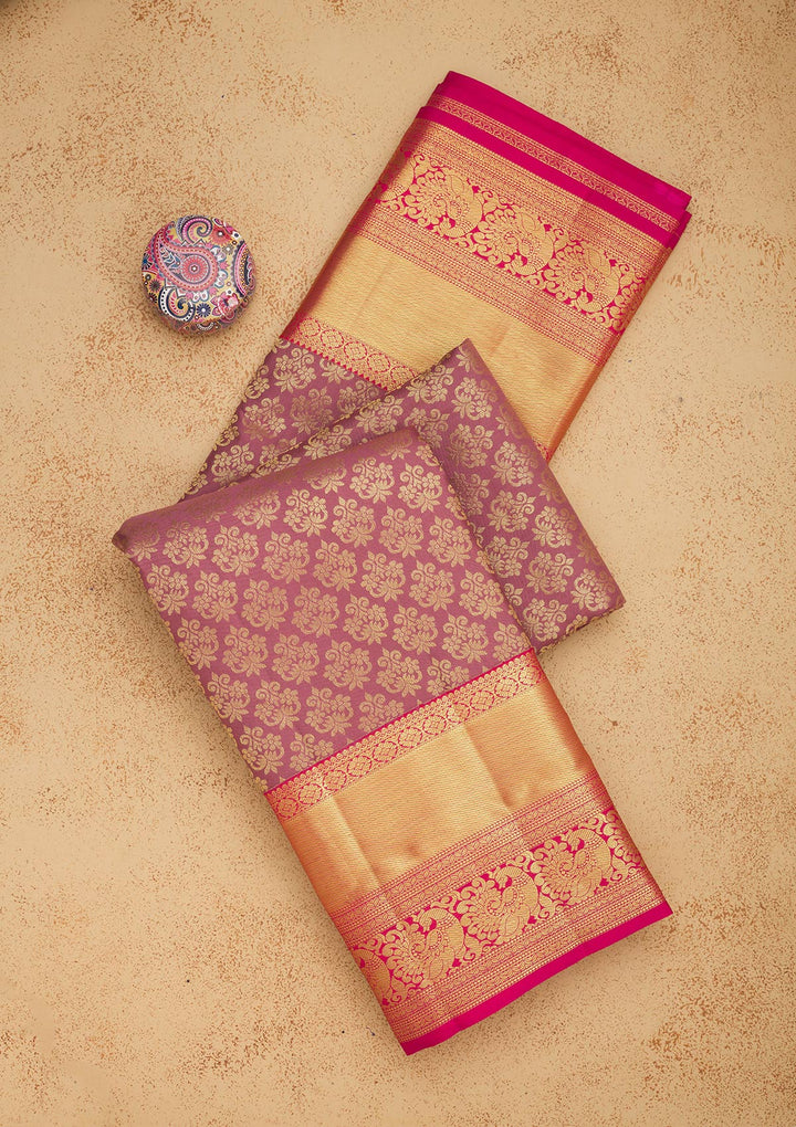 Onion Pink Silk Jaal Gold Zariwork Saree With Matching Blouse Piece