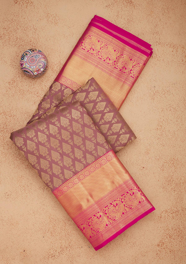Onion Pink Silk Jaal Gold Zariwork Saree With Matching Blouse Piece