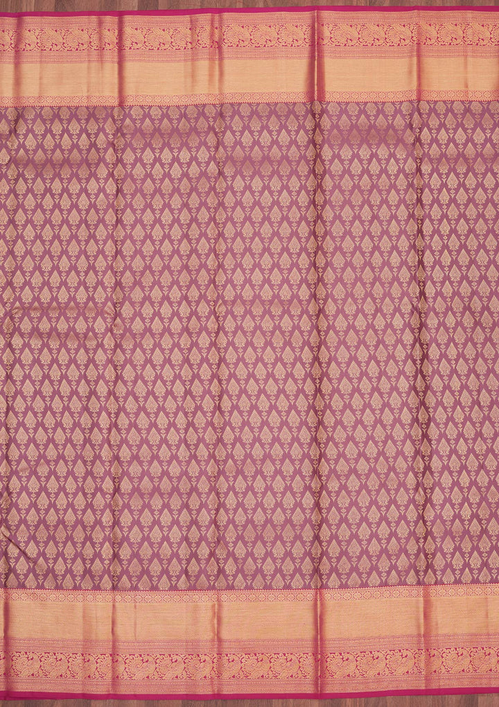 Onion Pink Silk Jaal Gold Zariwork Saree With Matching Blouse Piece