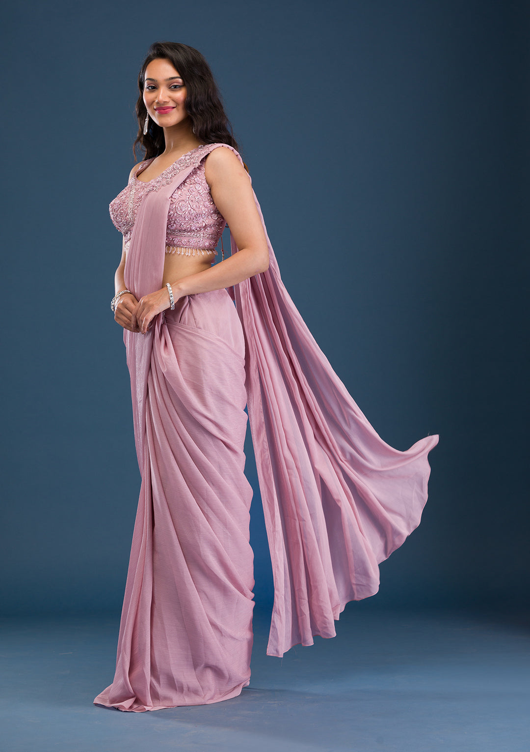 Onion Pink Cutdana Georgette Readymade Saree