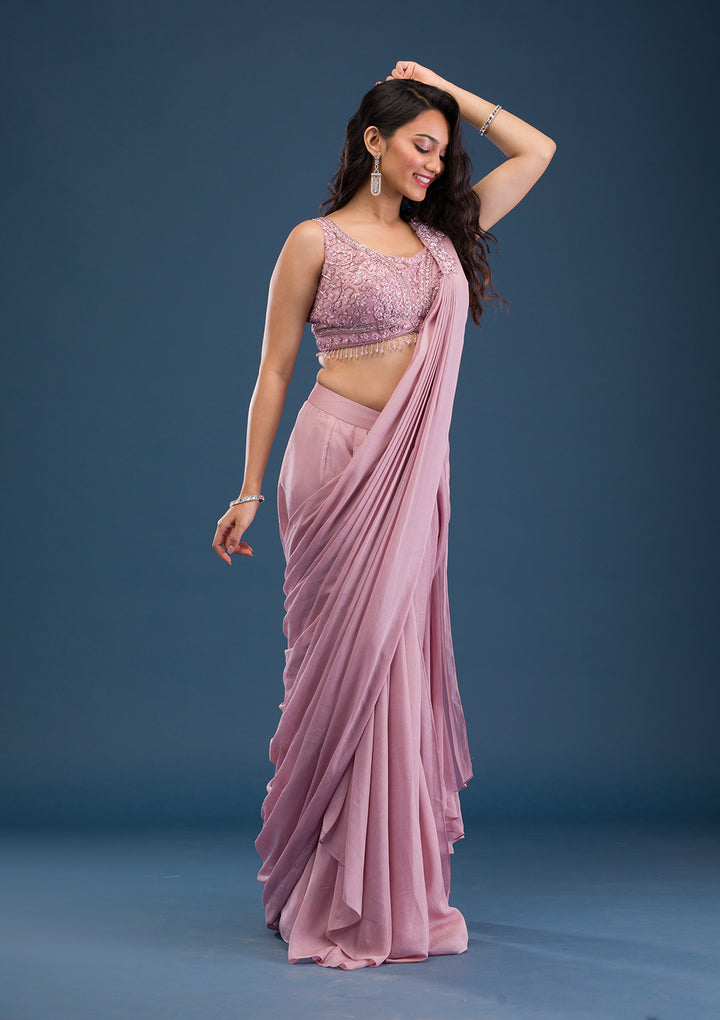 Onion Pink Cutdana Georgette Readymade Saree