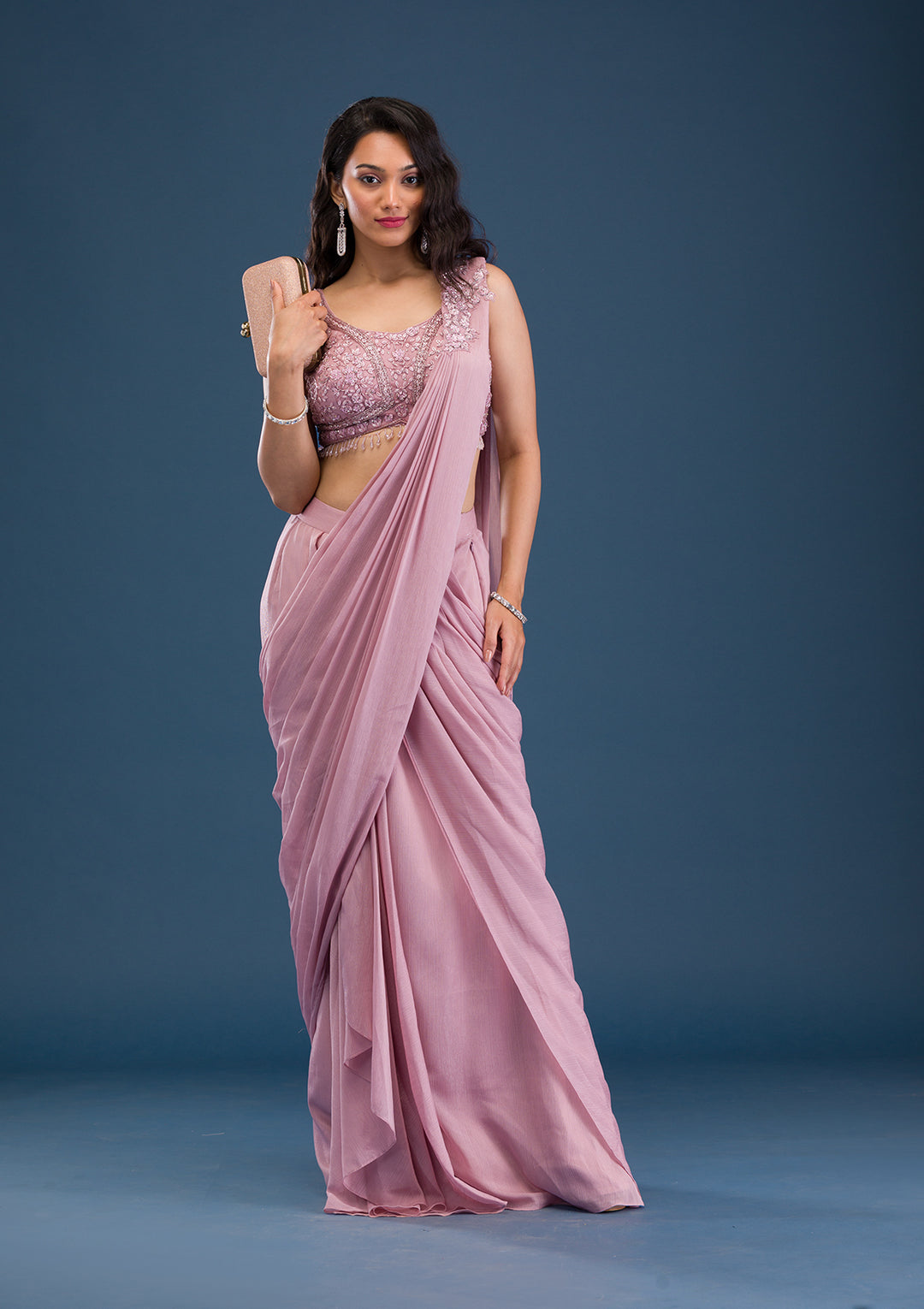 Onion Pink Cutdana Georgette Readymade Saree