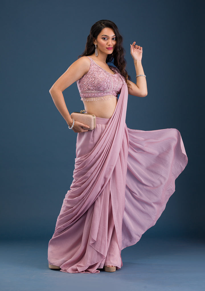 Onion Pink Cutdana Georgette Readymade Saree