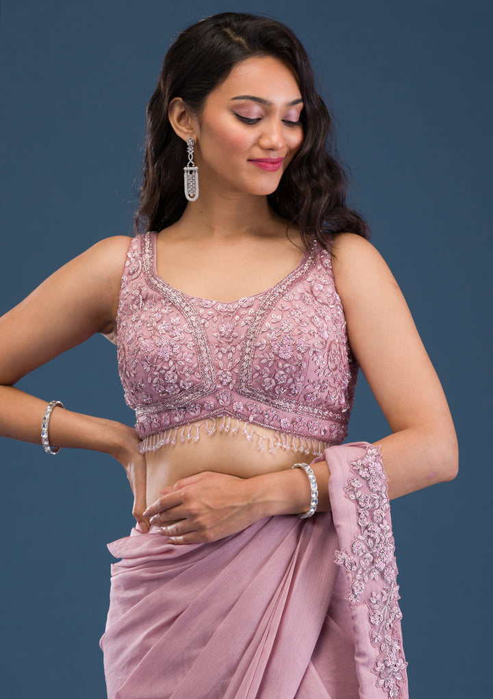 Onion Pink Cutdana Georgette Readymade Saree