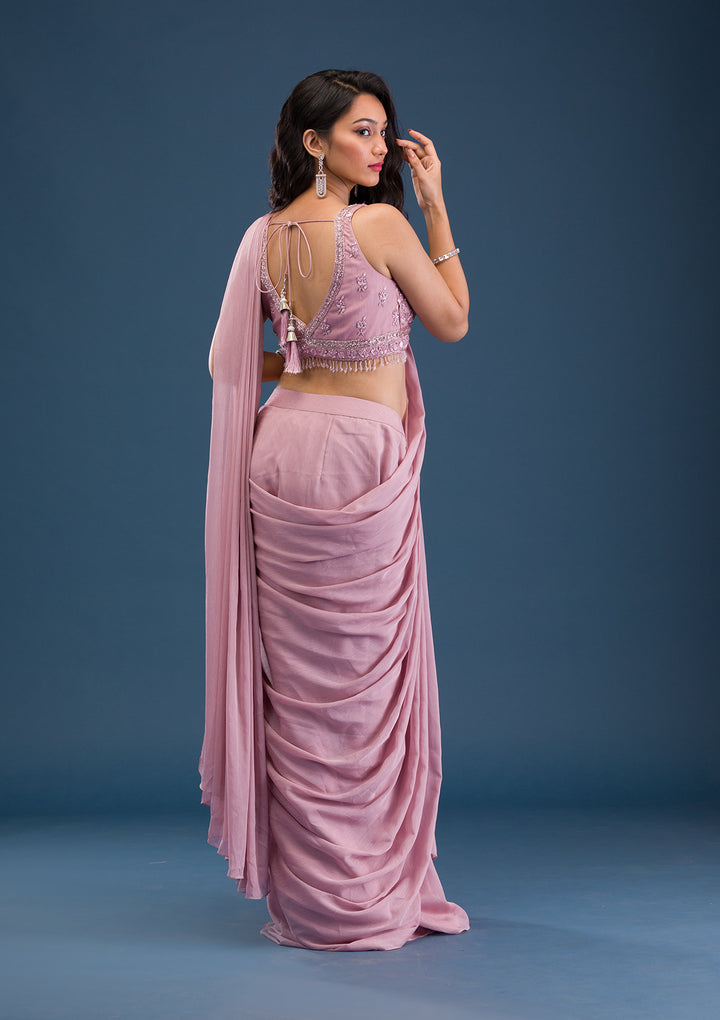 Onion Pink Cutdana Georgette Readymade Saree