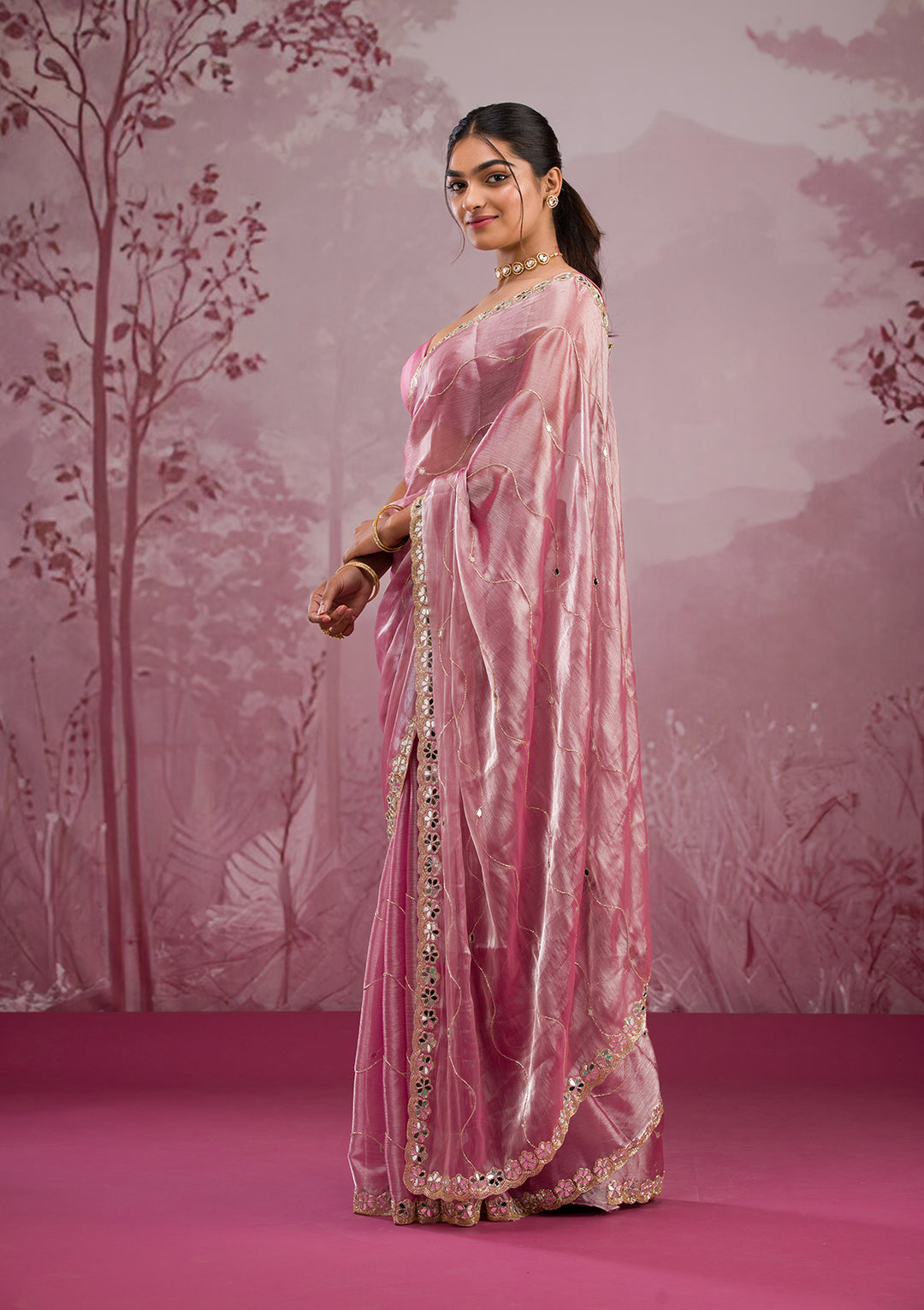 Onion Pink Organza Mirrorwork Saree With Matching Blouse Piece