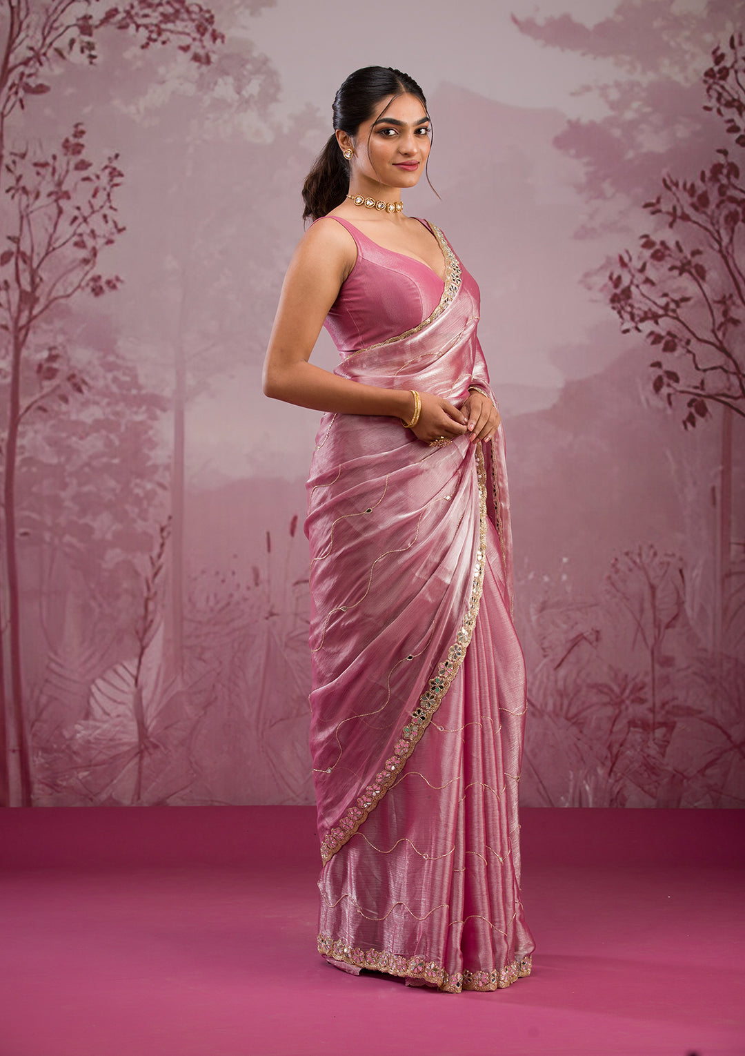 Onion Pink Organza Mirrorwork Saree With Matching Blouse Piece