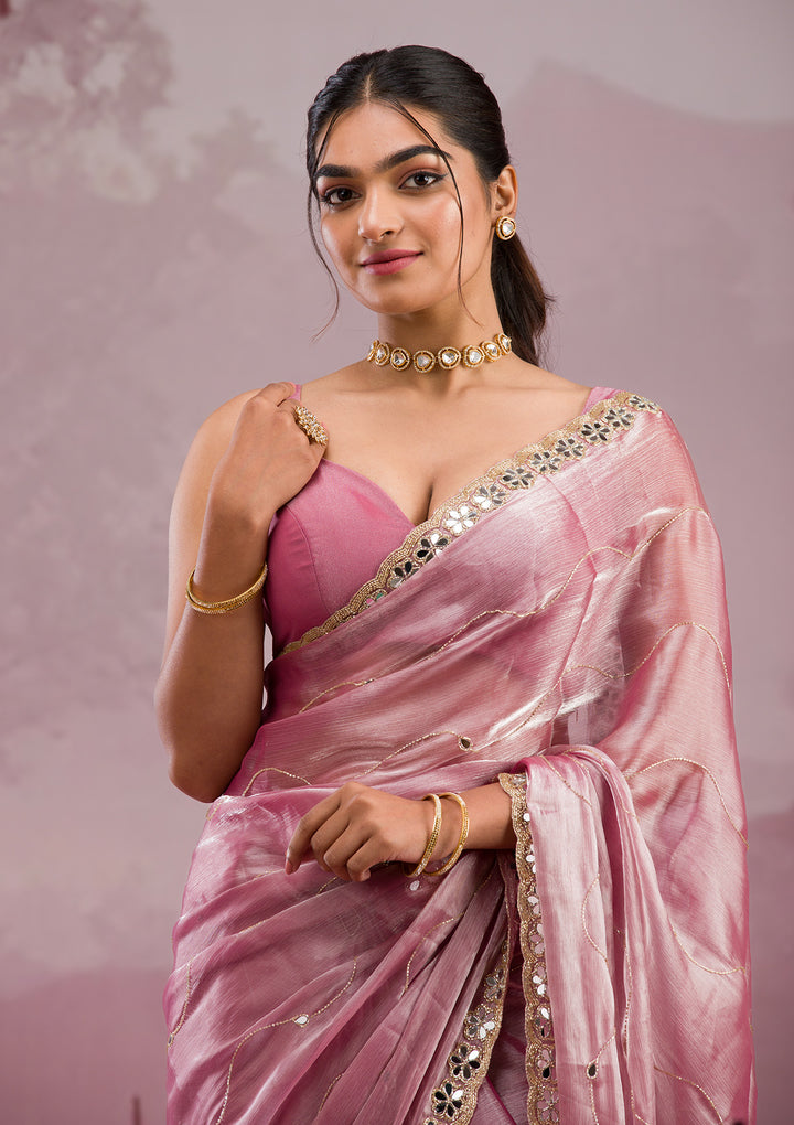 Onion Pink Organza Mirrorwork Saree With Matching Blouse Piece