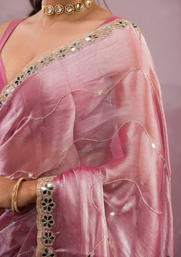 Onion Pink Organza Mirrorwork Saree With Matching Blouse Piece