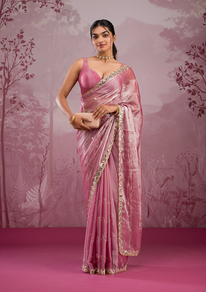 Onion Pink Organza Mirrorwork Saree With Matching Blouse Piece