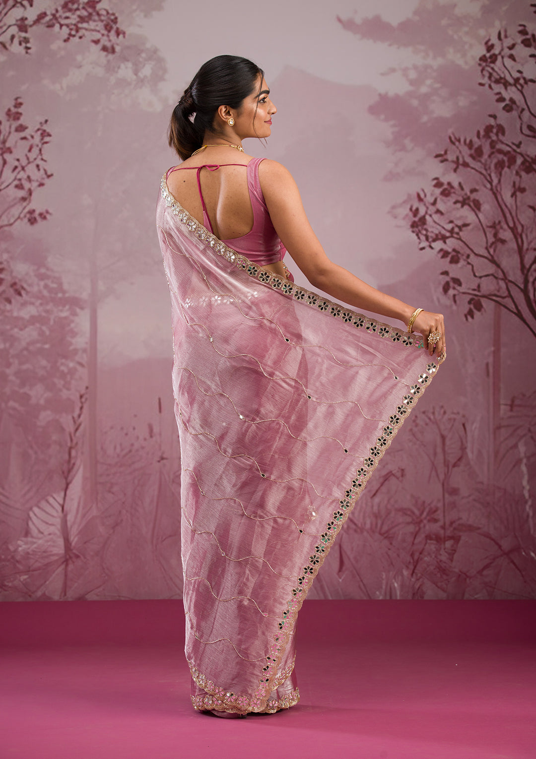 Onion Pink Organza Mirrorwork Saree With Matching Blouse Piece