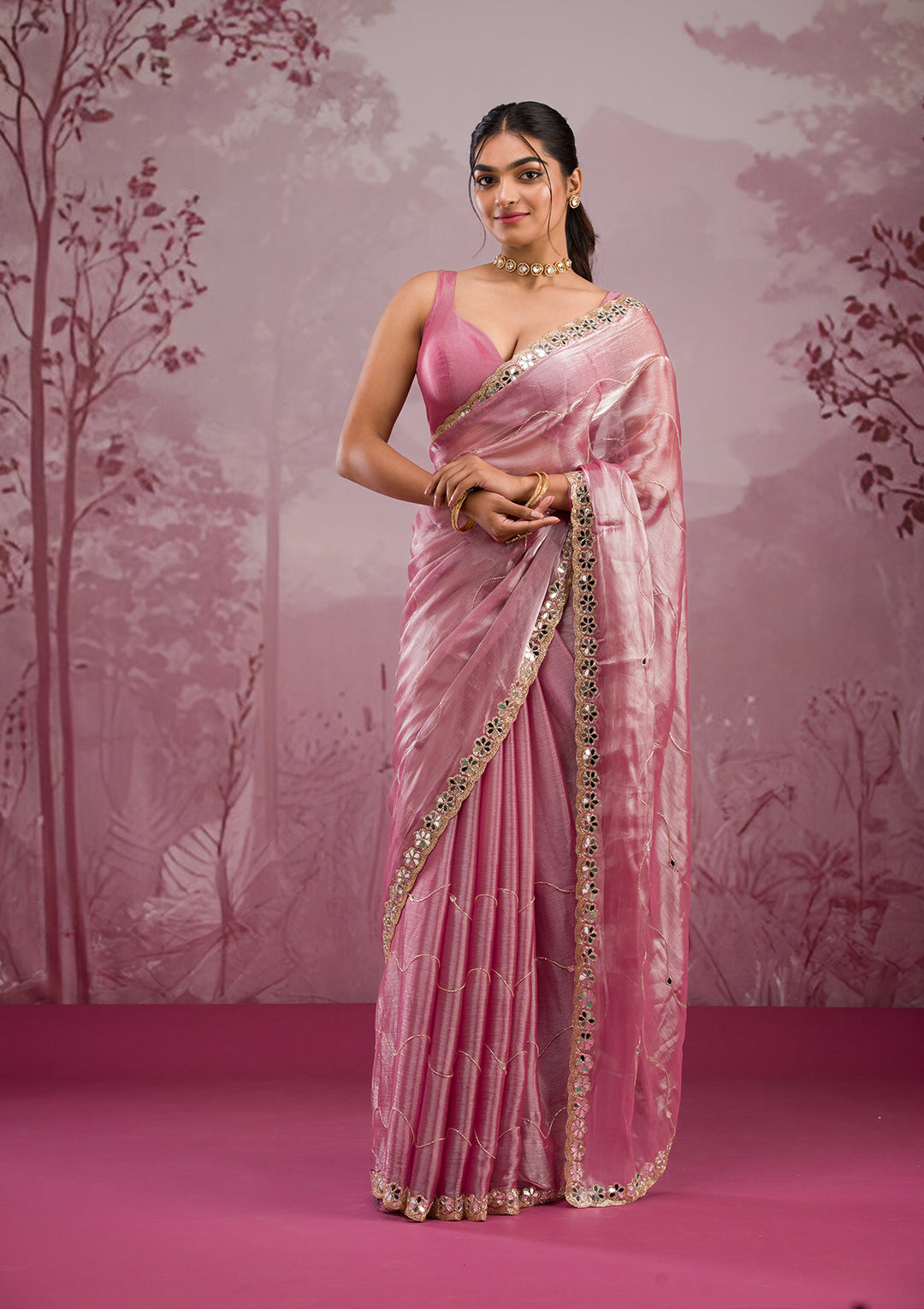 Onion Pink Organza Mirrorwork Saree With Matching Blouse Piece