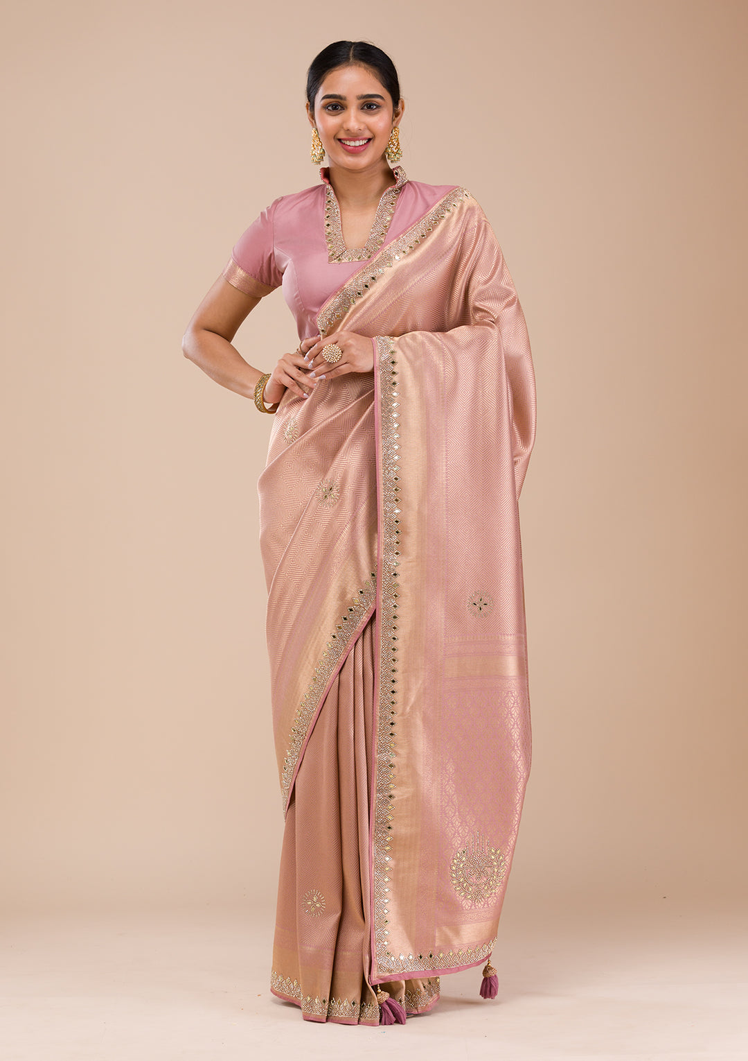 Onion Pink Mirrorwork Silk Saree