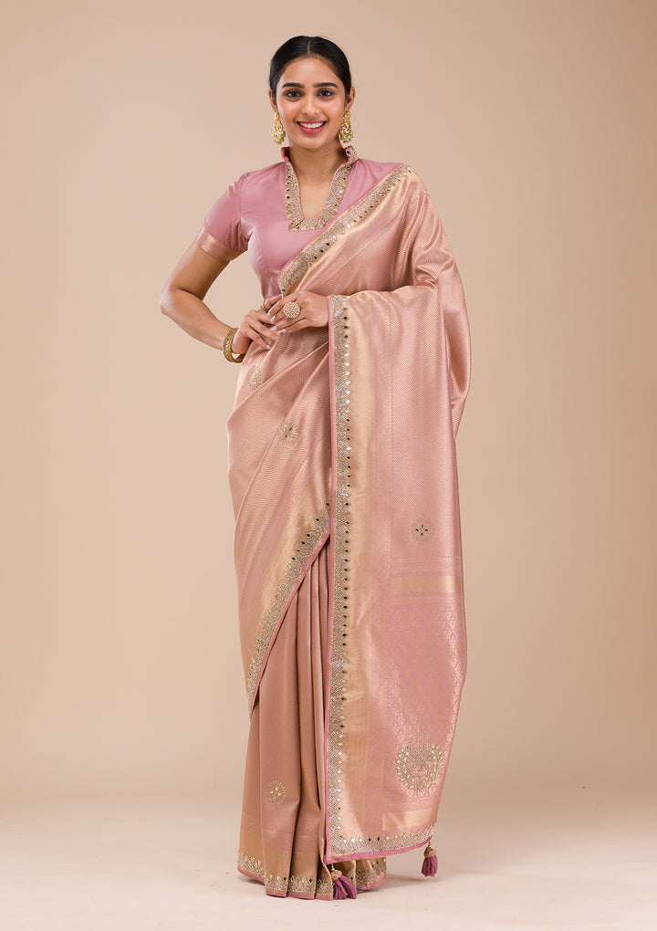 Onion Pink Mirrorwork Silk Saree