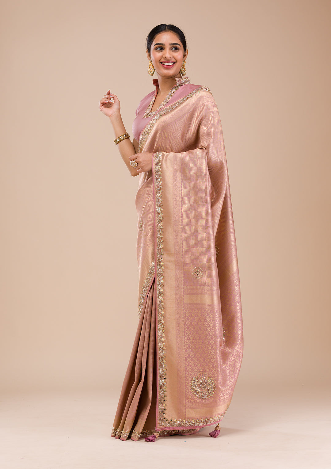 Onion Pink Mirrorwork Silk Saree