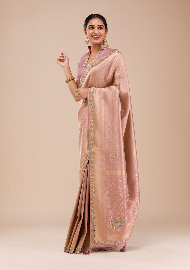 Onion Pink Mirrorwork Silk Saree