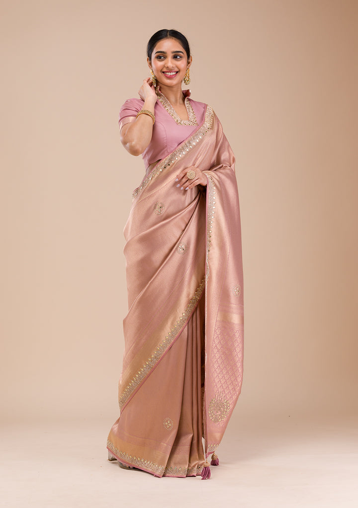 Onion Pink Mirrorwork Silk Saree