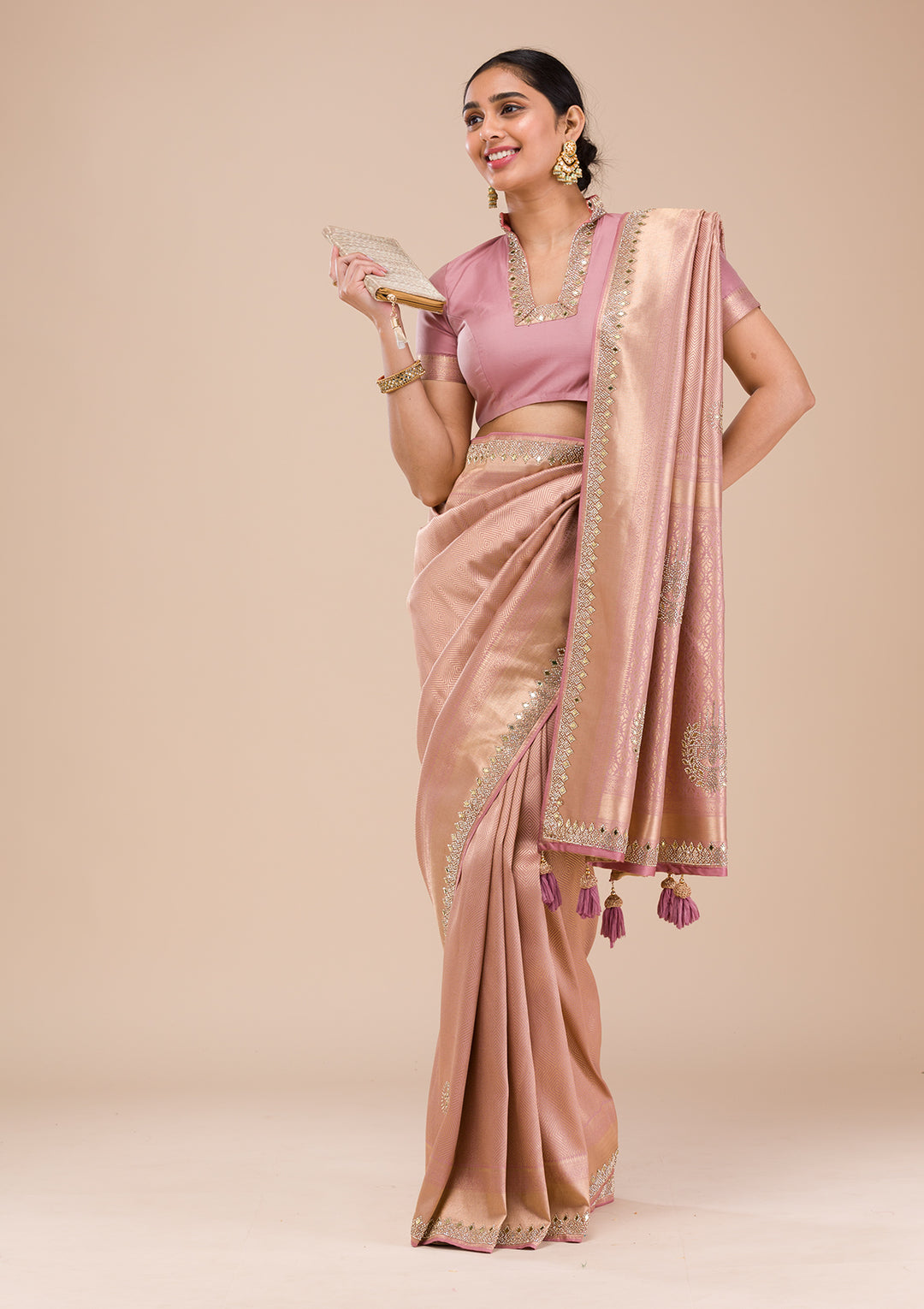 Onion Pink Mirrorwork Silk Saree