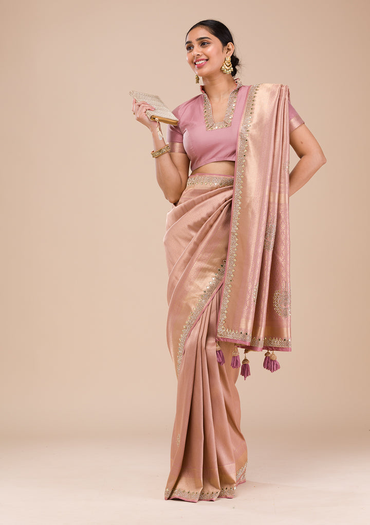 Onion Pink Mirrorwork Silk Saree