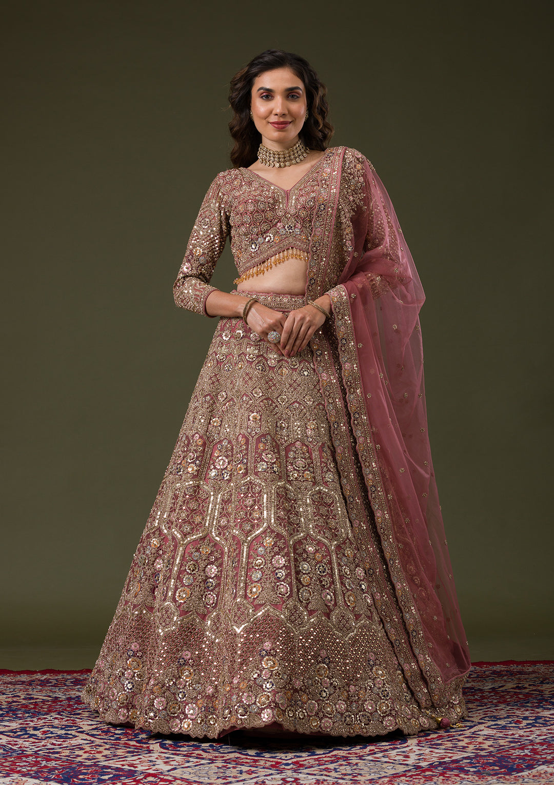 Onion Pink Sequins Net Readymade Lehenga