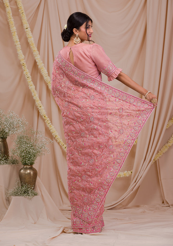 Onion Pink Net Gold Zariwork Saree With Matching Blouse Piece