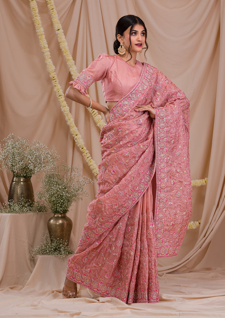 Onion Pink Net Gold Zariwork Saree With Matching Blouse Piece