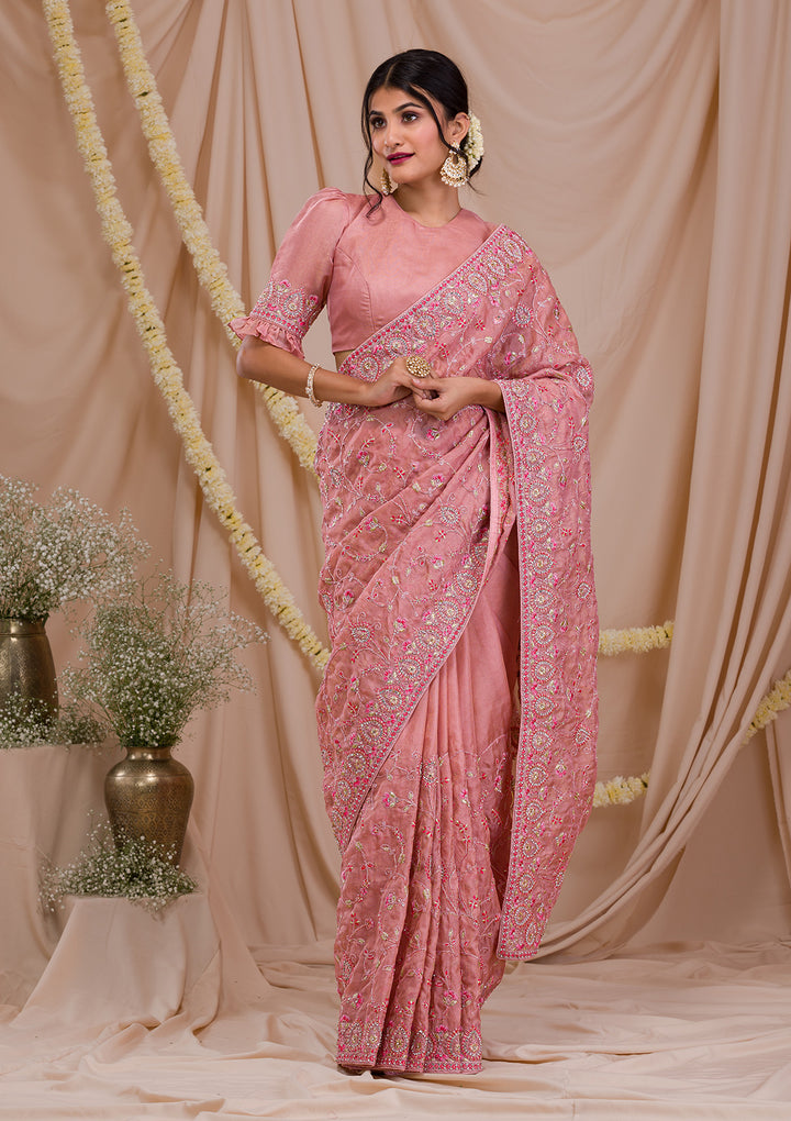 Onion Pink Net Gold Zariwork Saree With Matching Blouse Piece