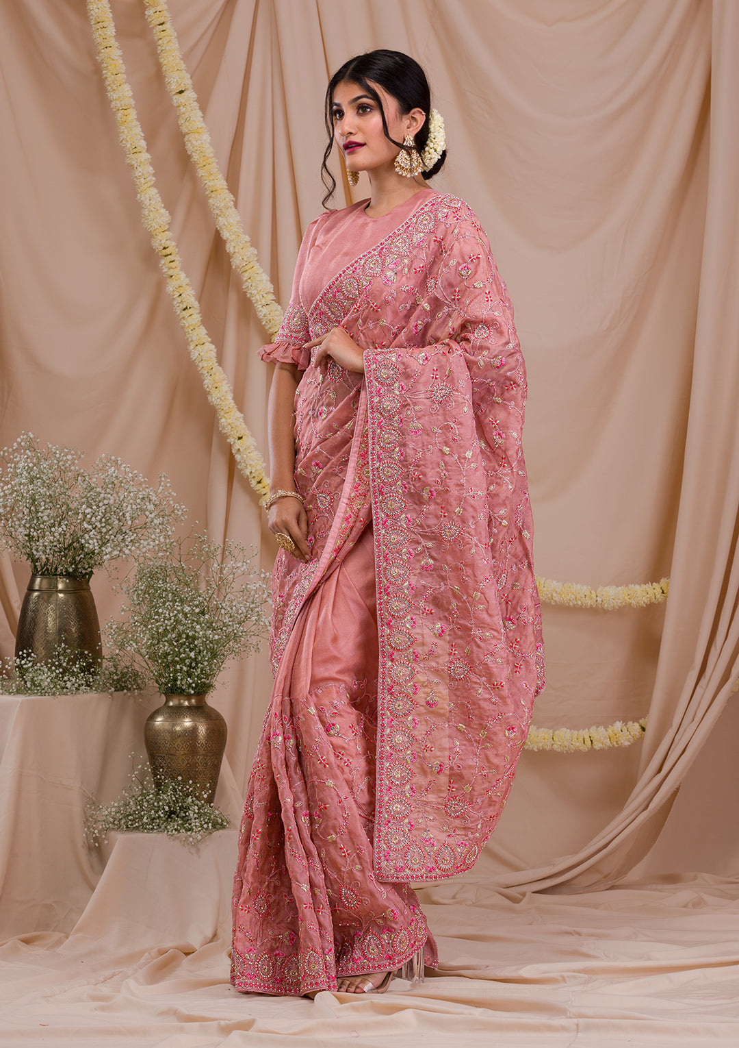 Onion Pink Net Gold Zariwork Saree With Matching Blouse Piece