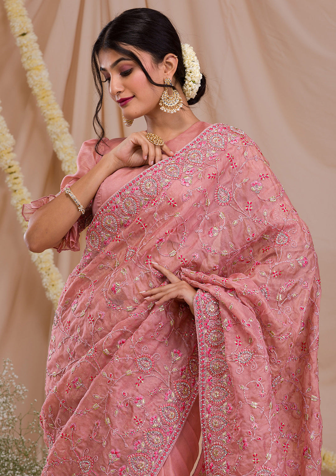 Onion Pink Net Gold Zariwork Saree With Matching Blouse Piece