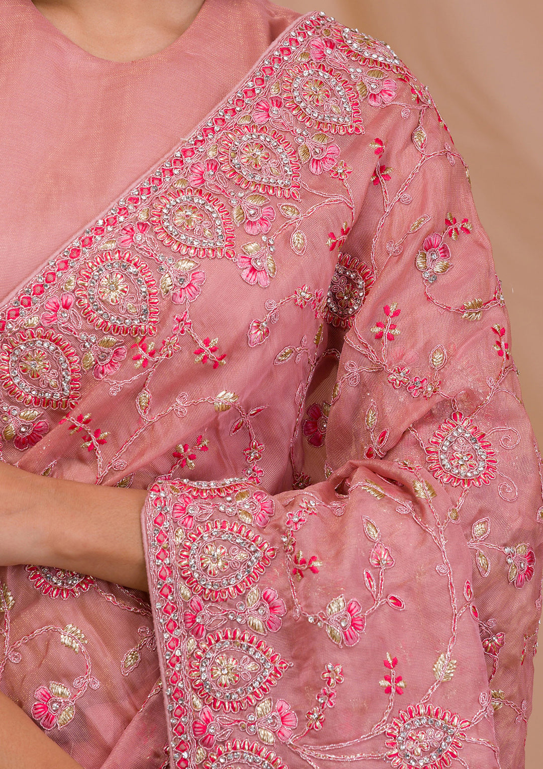Onion Pink Net Gold Zariwork Saree With Matching Blouse Piece