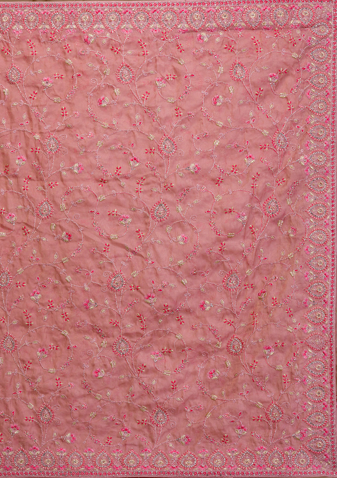 Onion Pink Net Gold Zariwork Saree With Matching Blouse Piece
