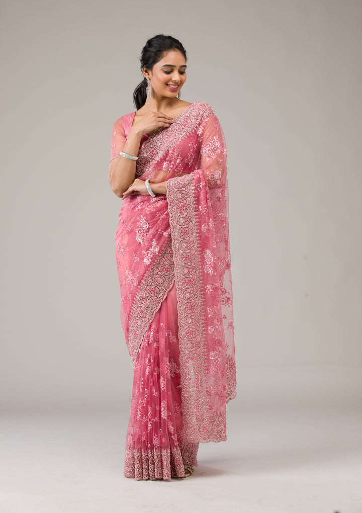 Onion Pink Net Gold Stonework Saree With Matching Blouse Piece