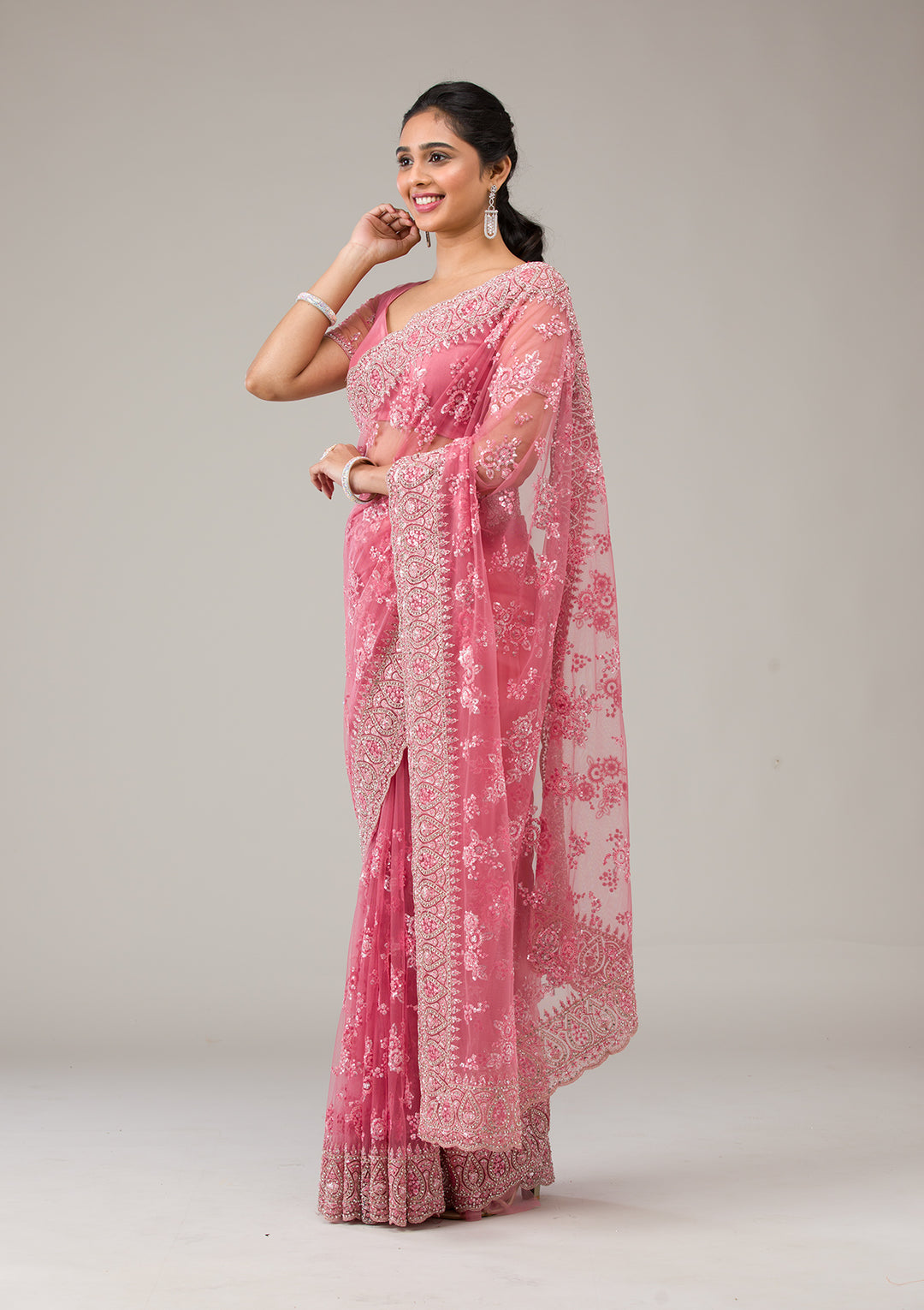 Onion Pink Net Gold Stonework Saree With Matching Blouse Piece