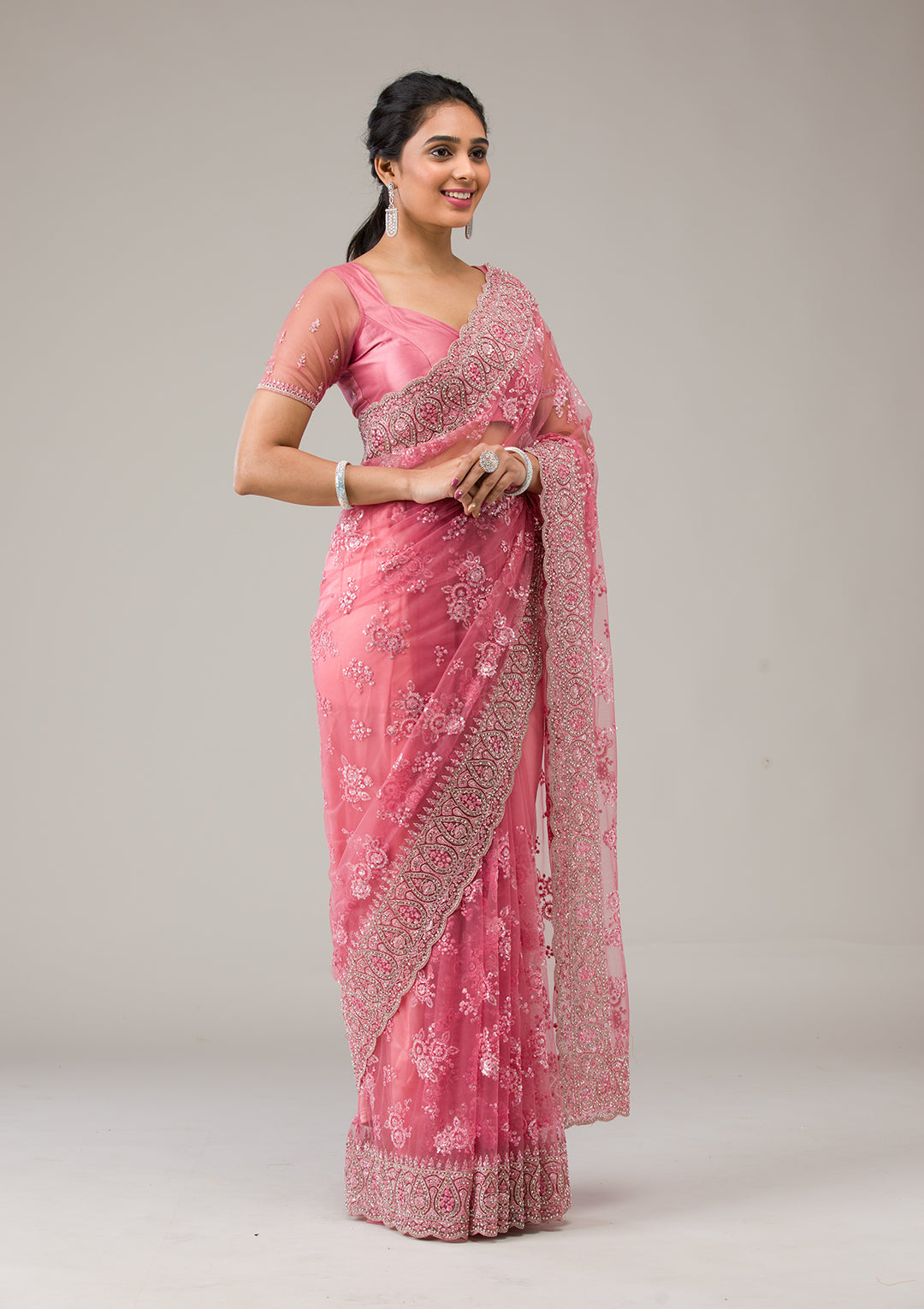 Onion Pink Net Gold Stonework Saree With Matching Blouse Piece
