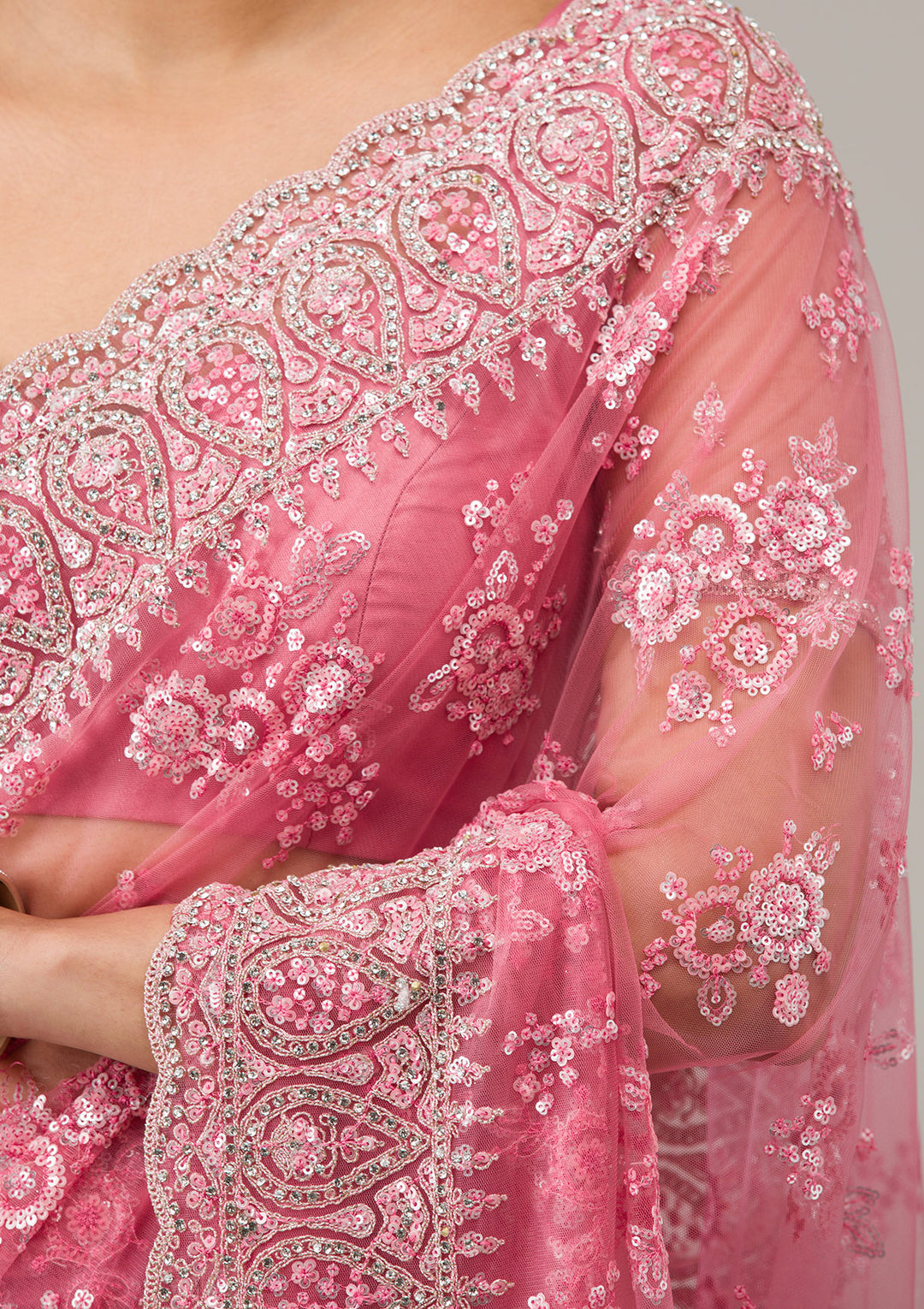 Onion Pink Net Gold Stonework Saree With Matching Blouse Piece