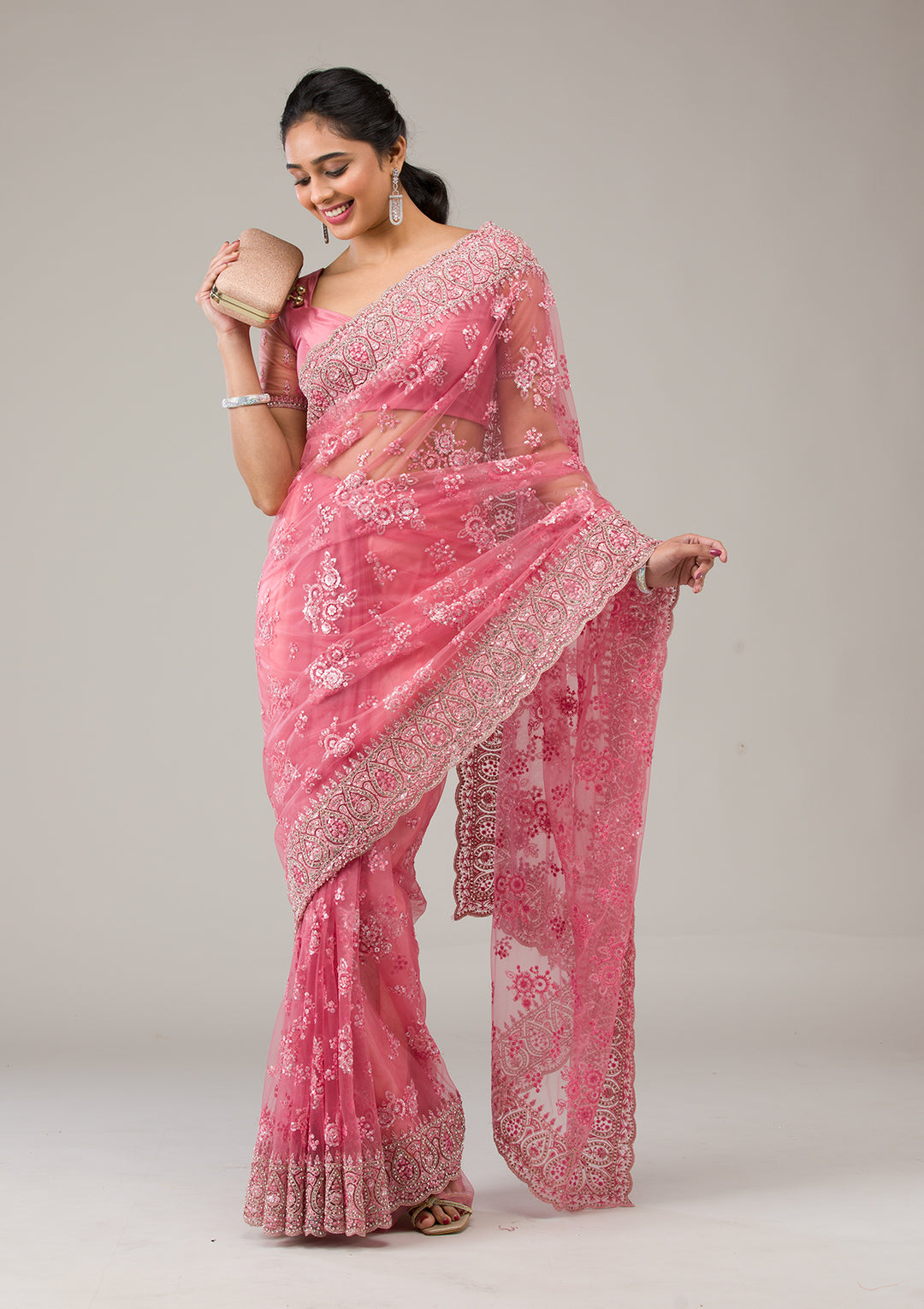 Onion Pink Net Gold Stonework Saree With Matching Blouse Piece