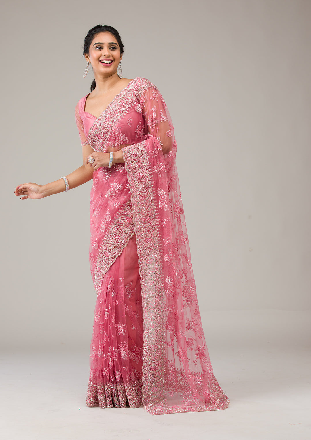 Onion Pink Net Gold Stonework Saree With Matching Blouse Piece