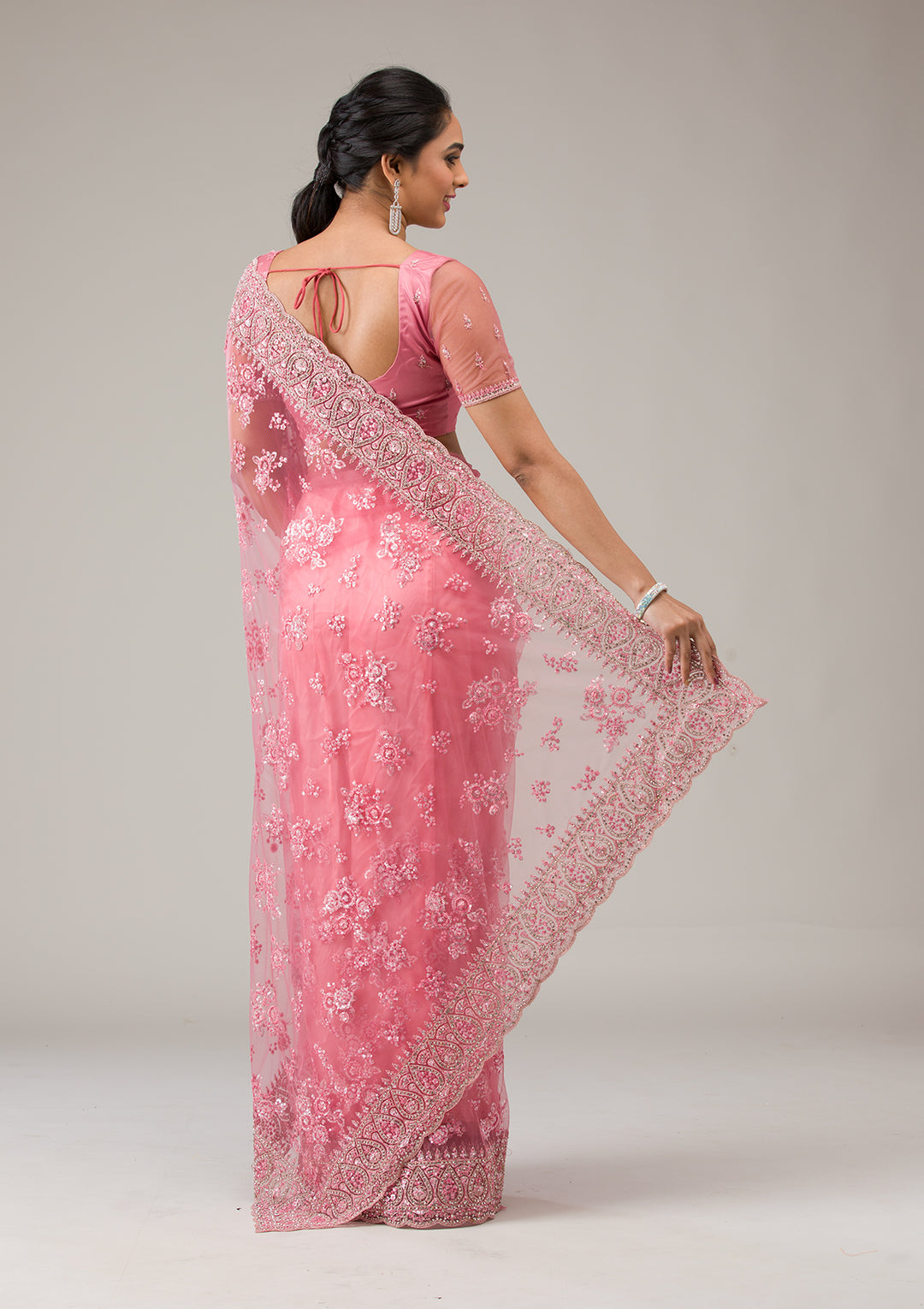 Onion Pink Net Gold Stonework Saree With Matching Blouse Piece