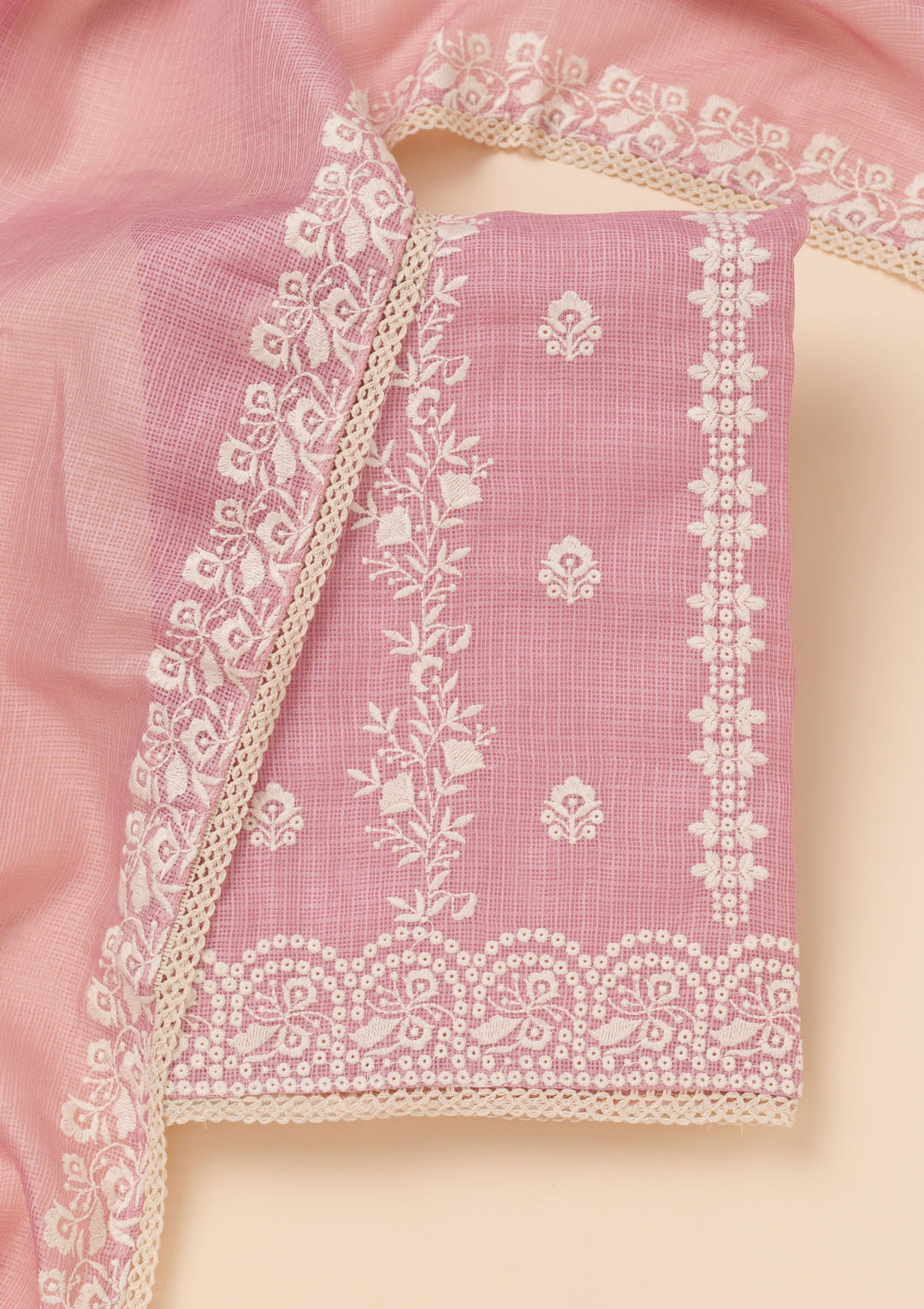 Onion Pink Tissue Silver Zardozi Work Unstitched Dress Material With Matching Bottom And Dupatta