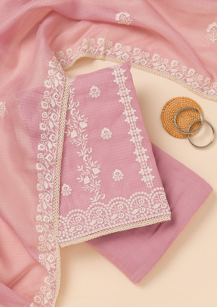 Onion Pink Tissue Silver Zardozi Work Unstitched Dress Material With Matching Bottom And Dupatta