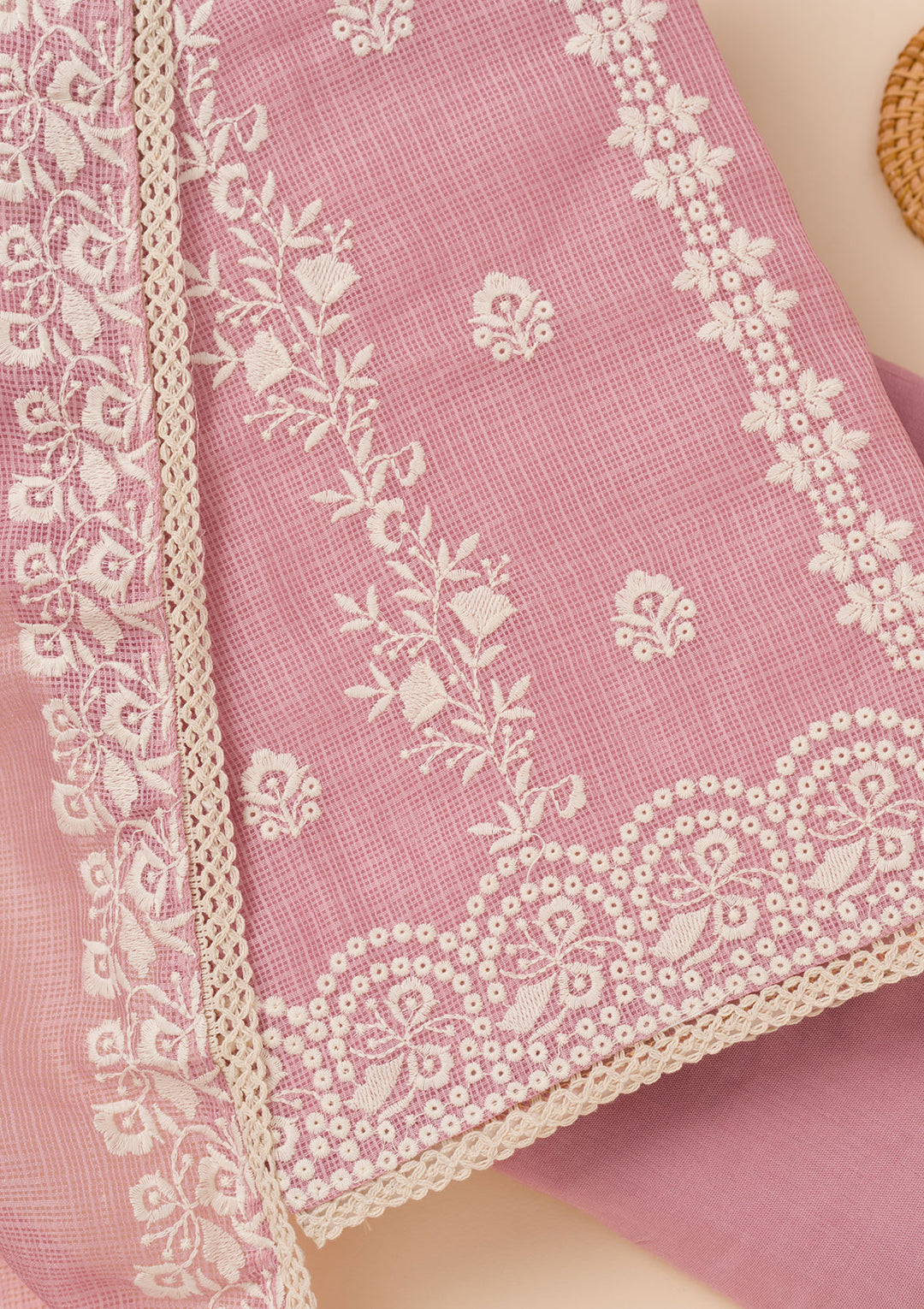 Onion Pink Tissue Silver Zardozi Work Unstitched Dress Material With Matching Bottom And Dupatta