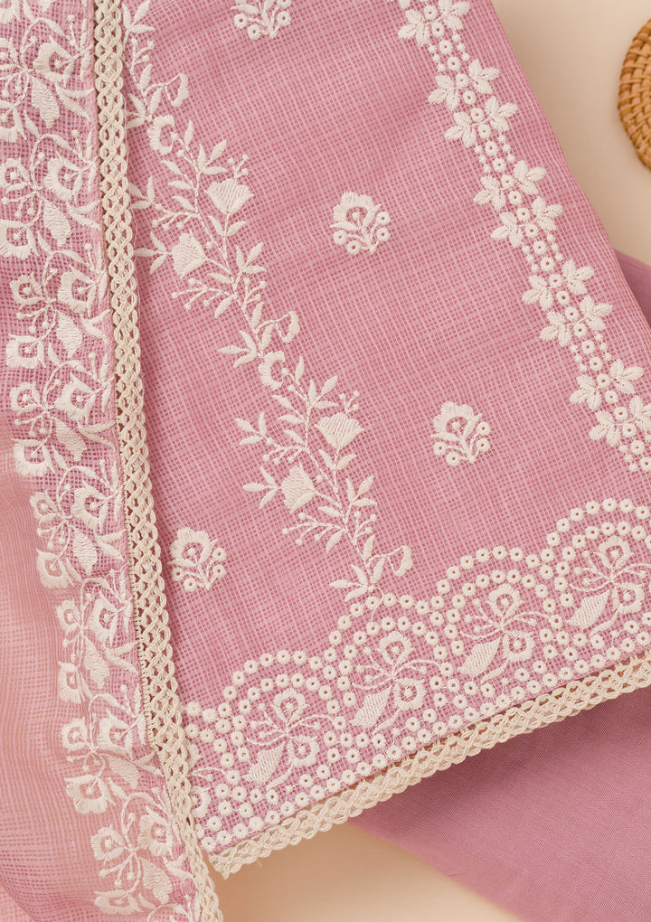 Onion Pink Tissue Silver Zardozi Work Unstitched Dress Material With Matching Bottom And Dupatta