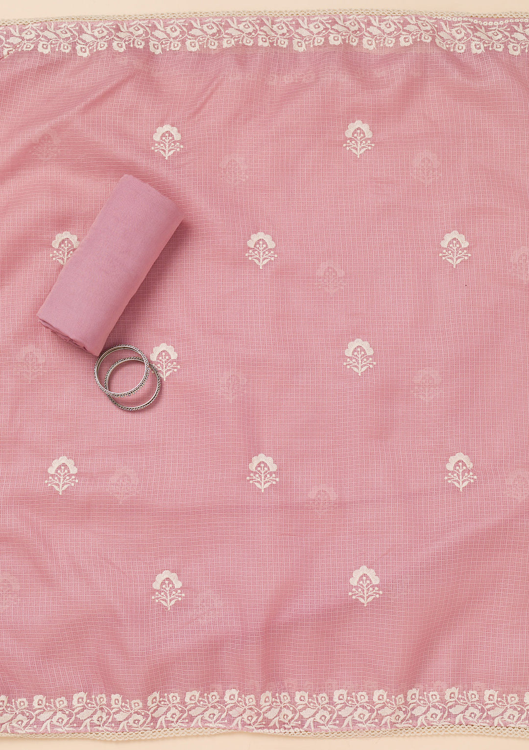 Onion Pink Tissue Silver Zardozi Work Unstitched Dress Material With Matching Bottom And Dupatta